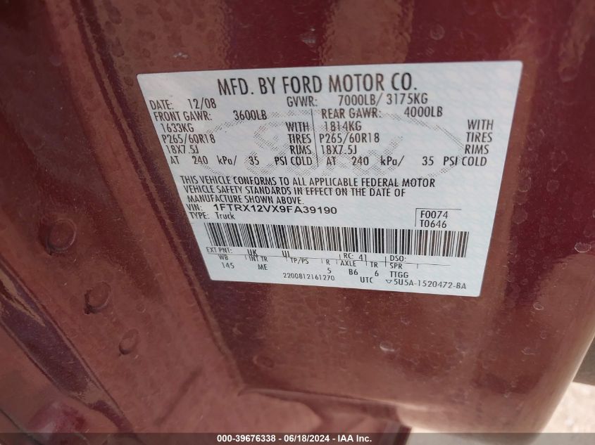 2009 Ford F-150 Lariat/Xl/Xlt VIN: 1FTRX12VX9FA39190 Lot: 39676338