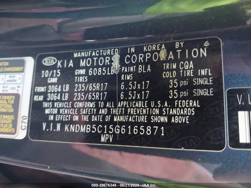 2016 Kia Sedona Lx VIN: KNDMB5C15G6165871 Lot: 39676348