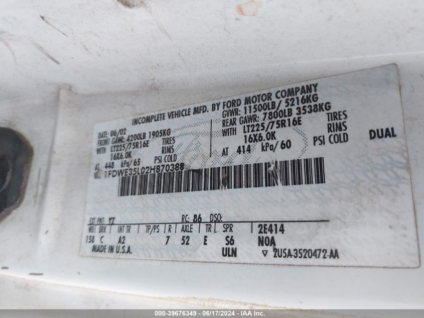 2002 Ford E-350 Cutaway Standard VIN: 1FDWE35L02HB70388 Lot: 39676349