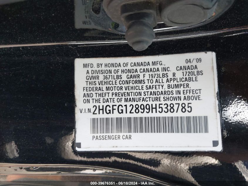2009 Honda Civic Ex VIN: 2HGFG12899H538785 Lot: 39676351