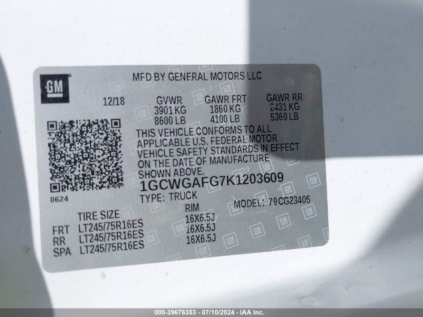 2019 Chevrolet Express 2500 Work Van VIN: 1GCWGAFG7K1203609 Lot: 39676353