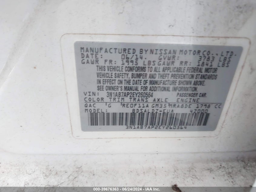 2014 Nissan Sentra Fe+ S/Fe+ Sv/S/Sl/Sr/Sv VIN: 3N1AB7AP2EY260564 Lot: 39676363