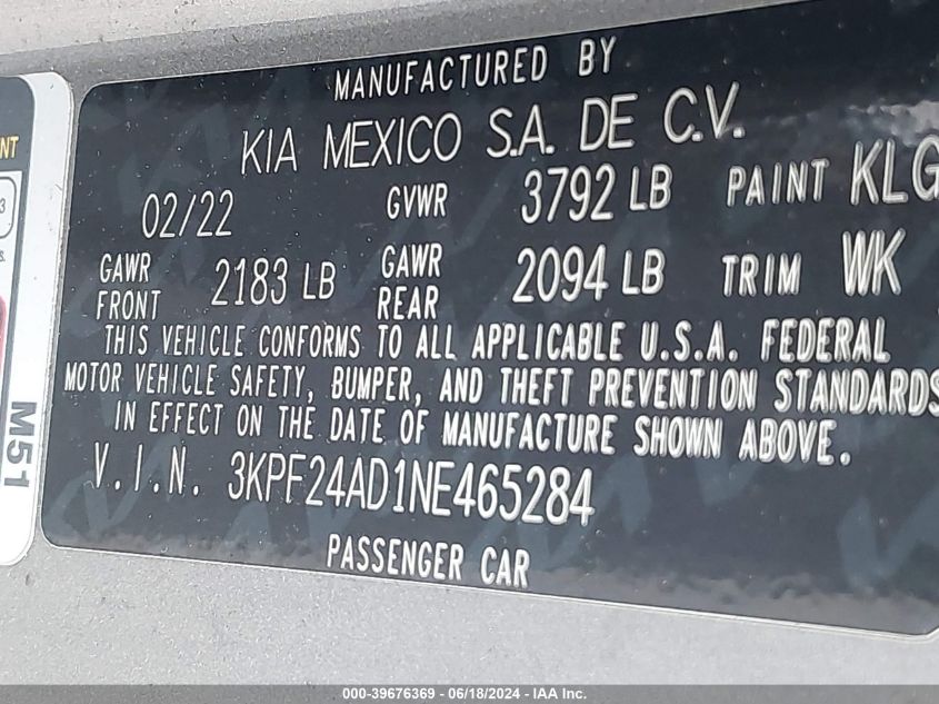 2022 Kia Forte Lxs VIN: 3KPF24AD1NE465284 Lot: 39676369