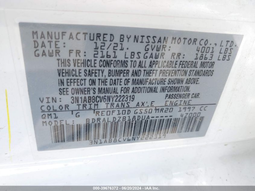 2022 Nissan Sentra Sv VIN: 3N1AB8CV6NY222319 Lot: 39676372