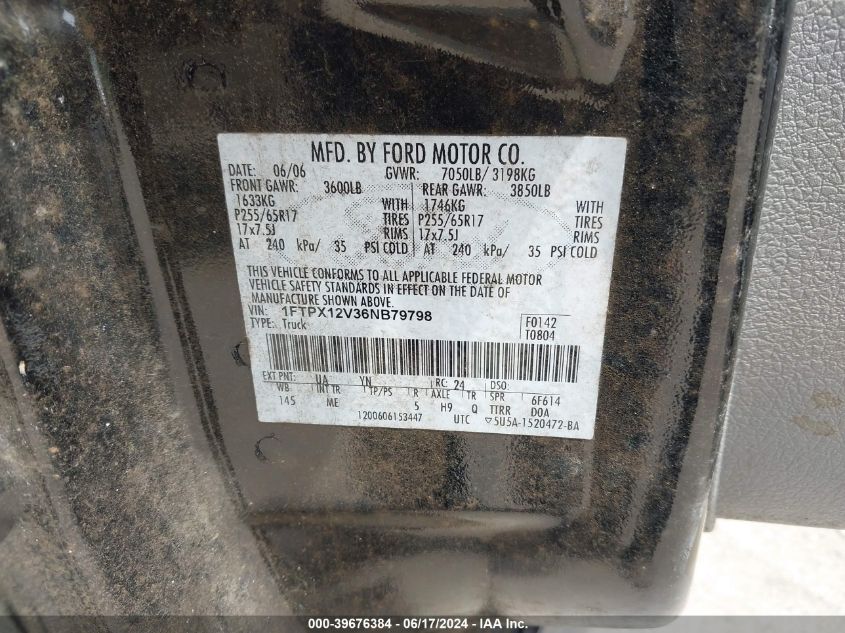 2006 Ford F-150 Lariat/Xl/Xlt VIN: 1FTPX12V36NB79798 Lot: 39676384