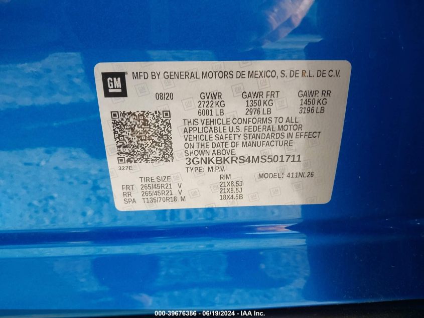 2021 Chevrolet Blazer Awd Rs VIN: 3GNKBKRS4MS501711 Lot: 39676386