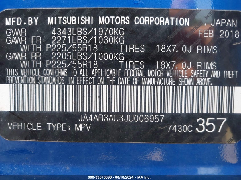 2018 Mitsubishi Outlander Sport 2.0 Es VIN: JA4AR3AU3JU006957 Lot: 39676390