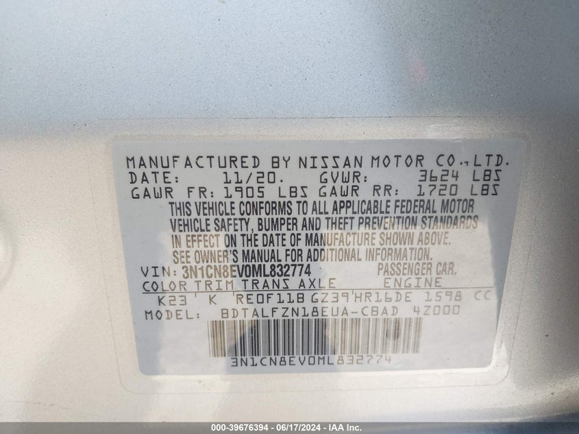 2021 Nissan Versa Sv Xtronic Cvt VIN: 3N1CN8EV0ML832774 Lot: 39676394