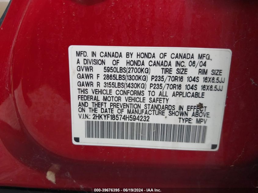 2004 Honda Pilot Exl VIN: 2HKYF18574H594232 Lot: 39676395