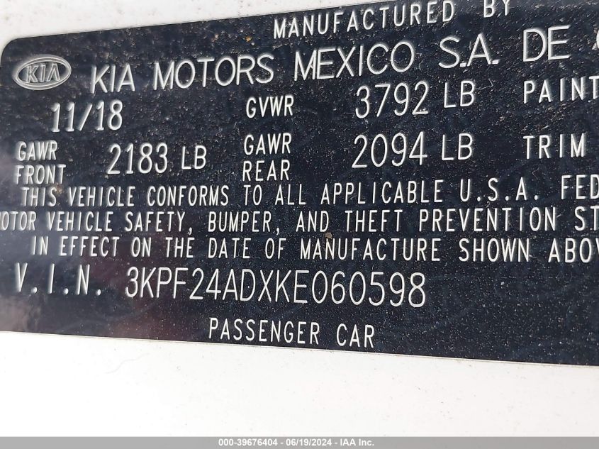 2019 Kia Forte Fe/Lx/Lxs VIN: 3KPF24ADXKE060598 Lot: 39676404