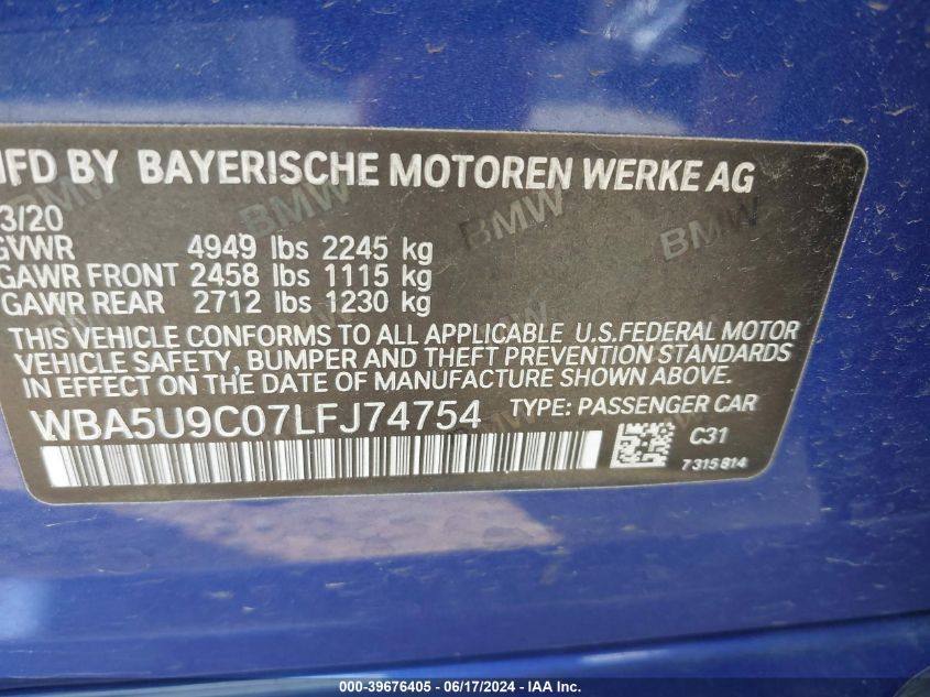 2020 BMW 3 Series M340I xDrive VIN: WBA5U9C07LFJ74754 Lot: 39676405