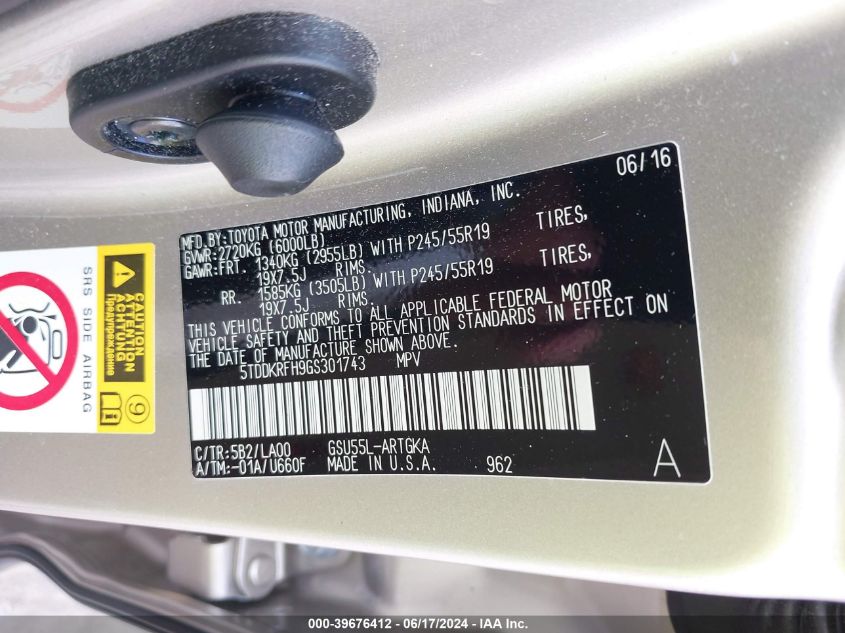 2016 Toyota Highlander Limited V6 VIN: 5TDDKRFH9GS301743 Lot: 39676412