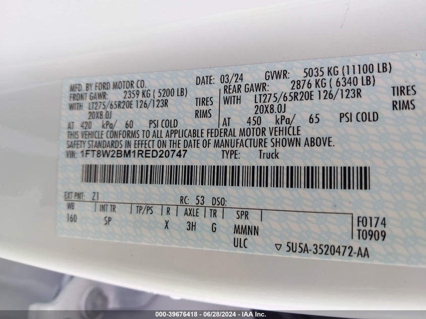 2024 Ford F-250 King Ranch VIN: 1FT8W2BM1RED20747 Lot: 39676418