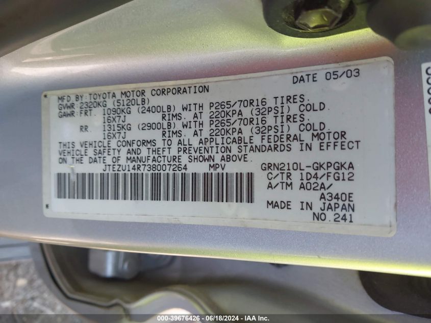 2003 Toyota 4Runner Sr5 V6 VIN: JTEZU14R738007264 Lot: 39676426