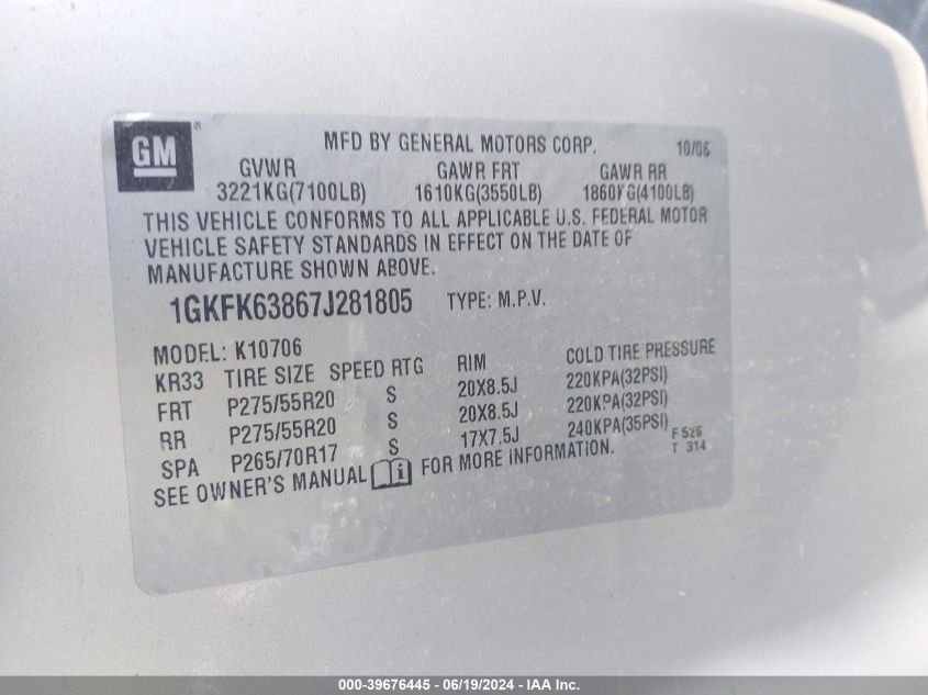 2007 GMC Yukon Denali VIN: 1GKFK63867J281805 Lot: 39676445