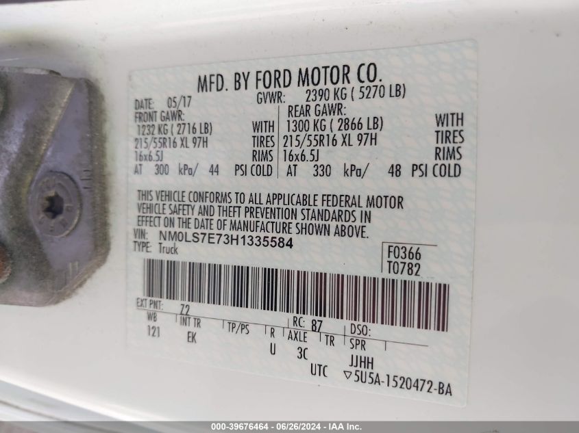 2017 Ford Transit Connect Xl VIN: NM0LS7E73H1335584 Lot: 39676464