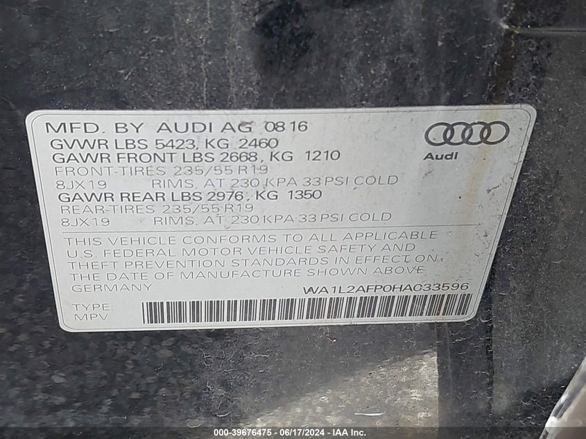 VIN WA1L2AFP0HA033596 2017 AUDI Q5 2.0T PREMIUM