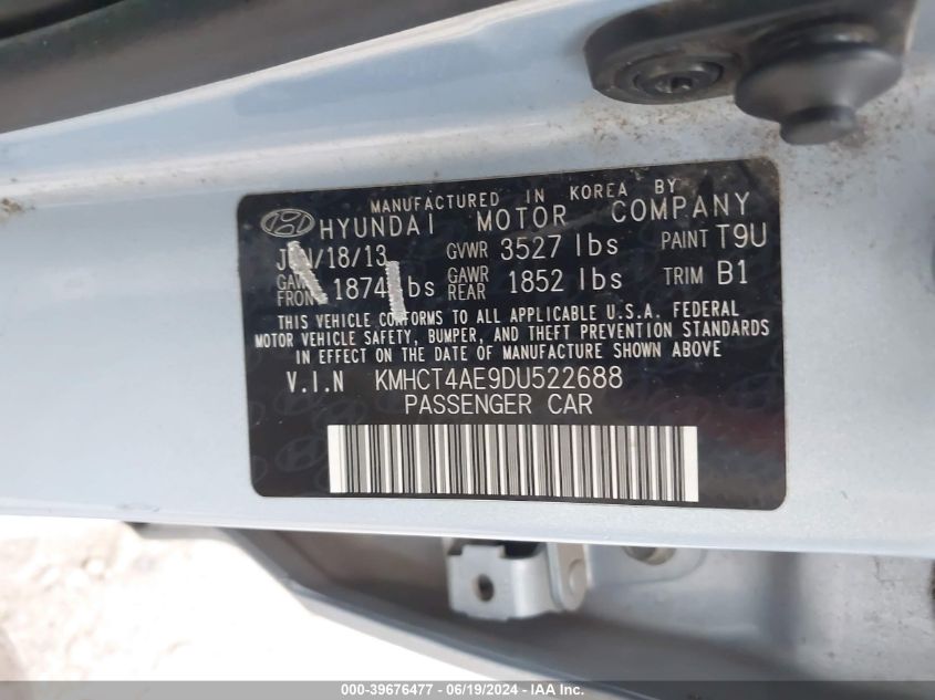2013 Hyundai Accent Gls VIN: KMHCT4AE9DU522688 Lot: 39676477