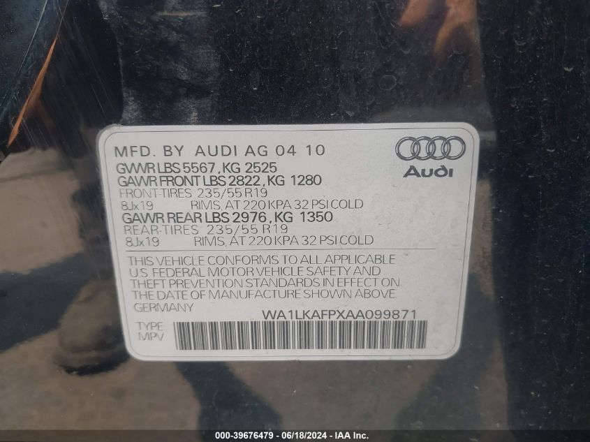 2010 Audi Q5 3.2 Premium VIN: WA1LKAFPXAA099871 Lot: 39676479