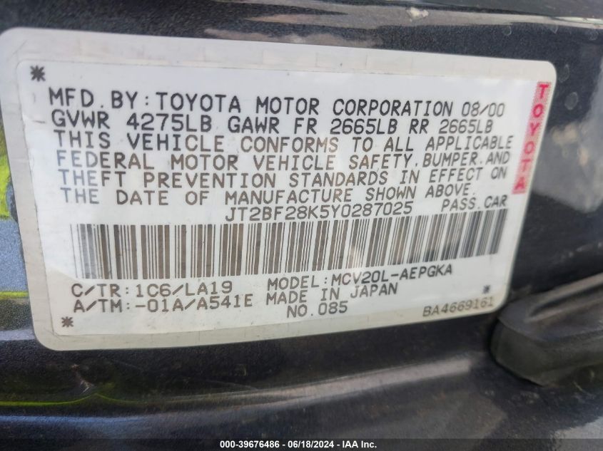 2000 Toyota Camry Xle V6 VIN: JT2BF28K5Y0287025 Lot: 39676486