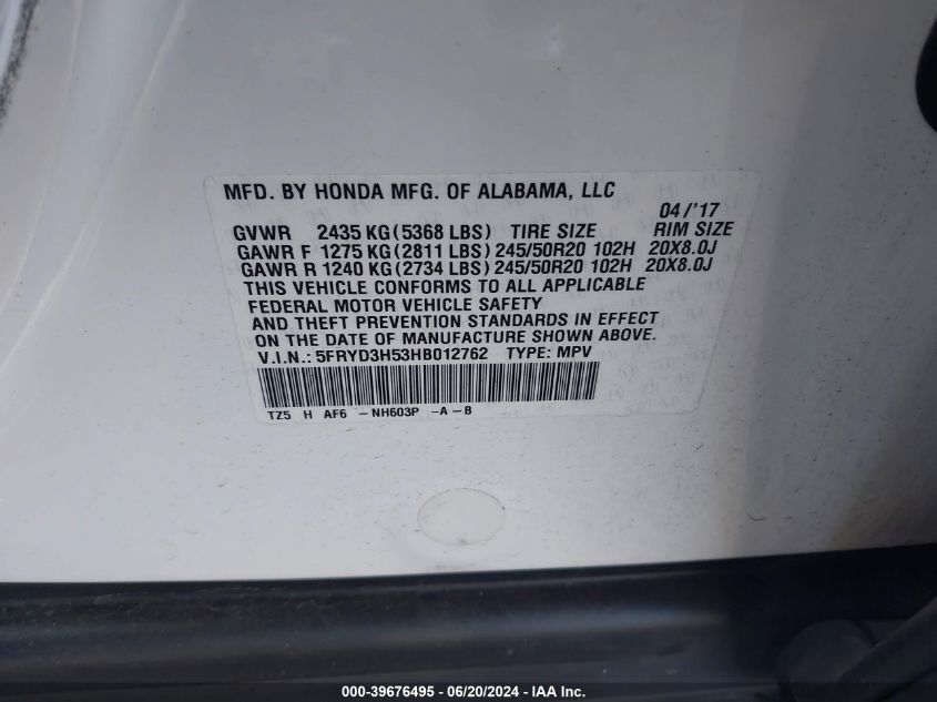 2017 Acura Mdx Technology VIN: 5FRYD3H53HB012762 Lot: 39676495