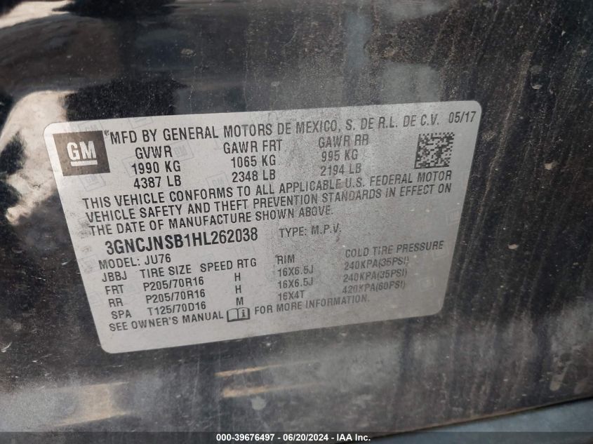 2017 Chevrolet Trax Ls VIN: 3GNCJNSB1HL262038 Lot: 39676497