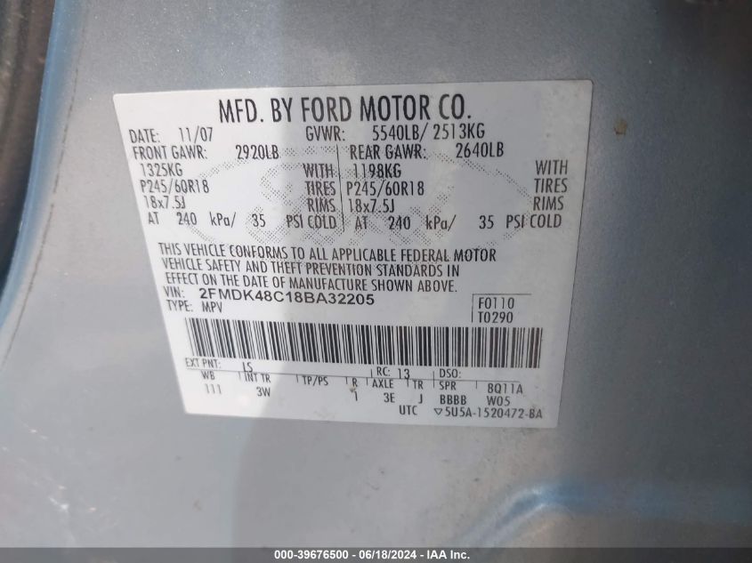 2008 Ford Edge Sel VIN: 2FMDK48C18BA32205 Lot: 39676500