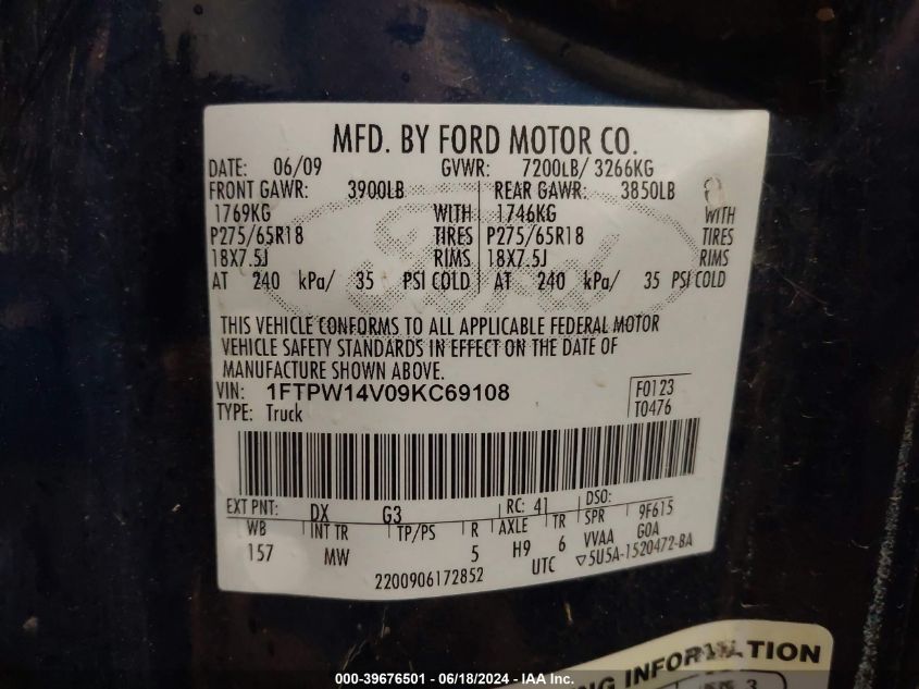 2009 Ford F-150 Fx4/King Ranch/Lariat/Platinum/Xl/Xlt VIN: 1FTPW14V09KC69108 Lot: 39676501