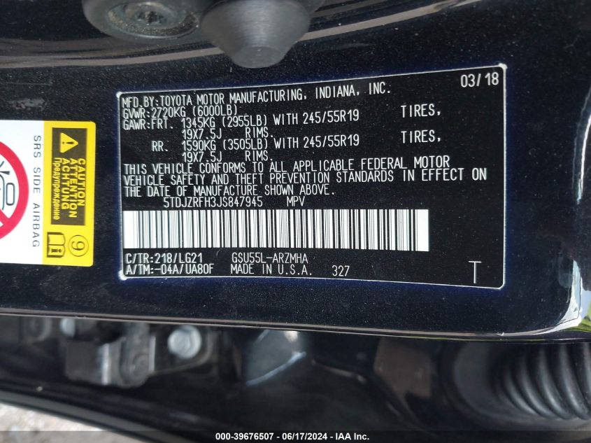 2018 Toyota Highlander Se VIN: 5TDJZRFH3JS847945 Lot: 39676507