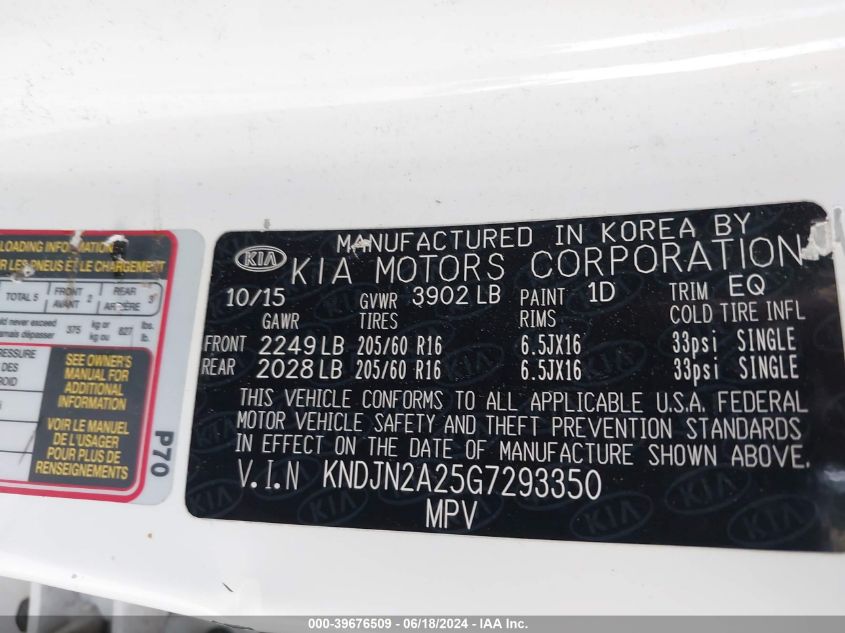 2016 Kia Soul VIN: KNDJN2A25G7293350 Lot: 39676509