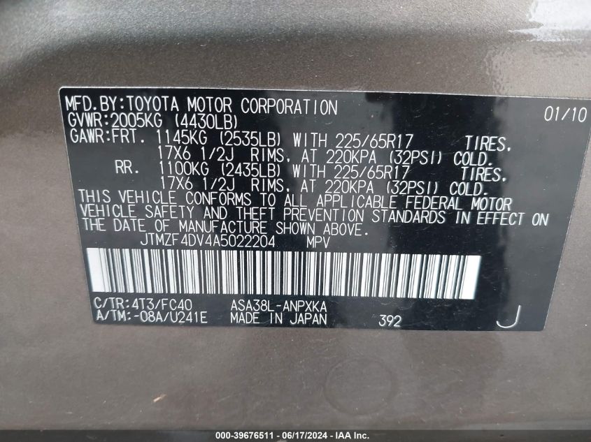 2010 Toyota Rav4 VIN: JTMZF4DV4A5022204 Lot: 39676511
