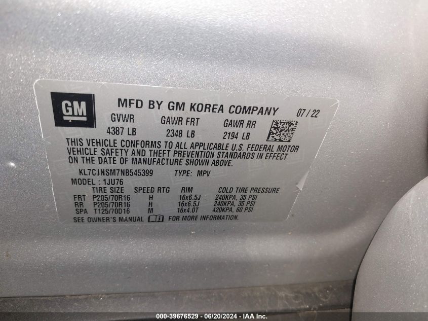 2022 Chevrolet Trax Ls VIN: KL7CJNSM7NB545399 Lot: 39676529