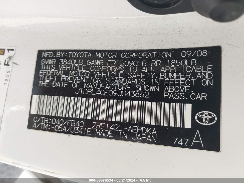 2009 Toyota Corolla Le VIN: JTDBL40E09J043862 Lot: 39676534