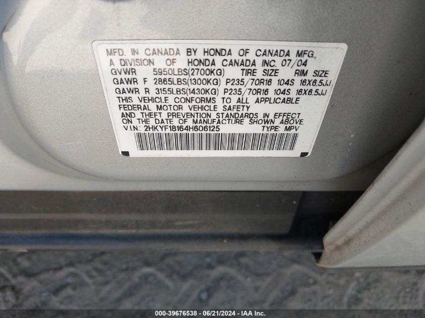 2004 Honda Pilot Lx VIN: 2HKYF18164H606125 Lot: 39676538