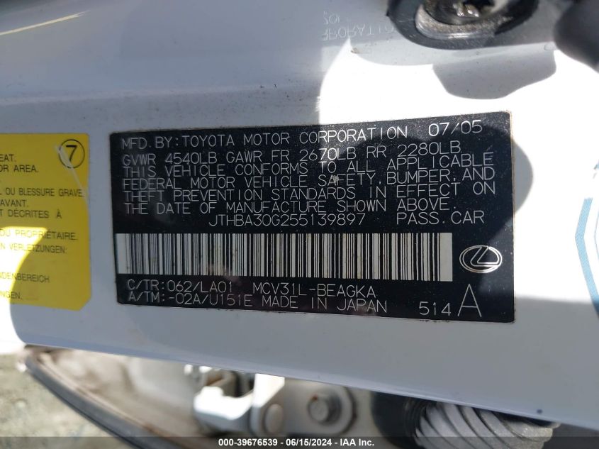 2005 Lexus Es 330 VIN: JTHBA30G255139897 Lot: 39676539