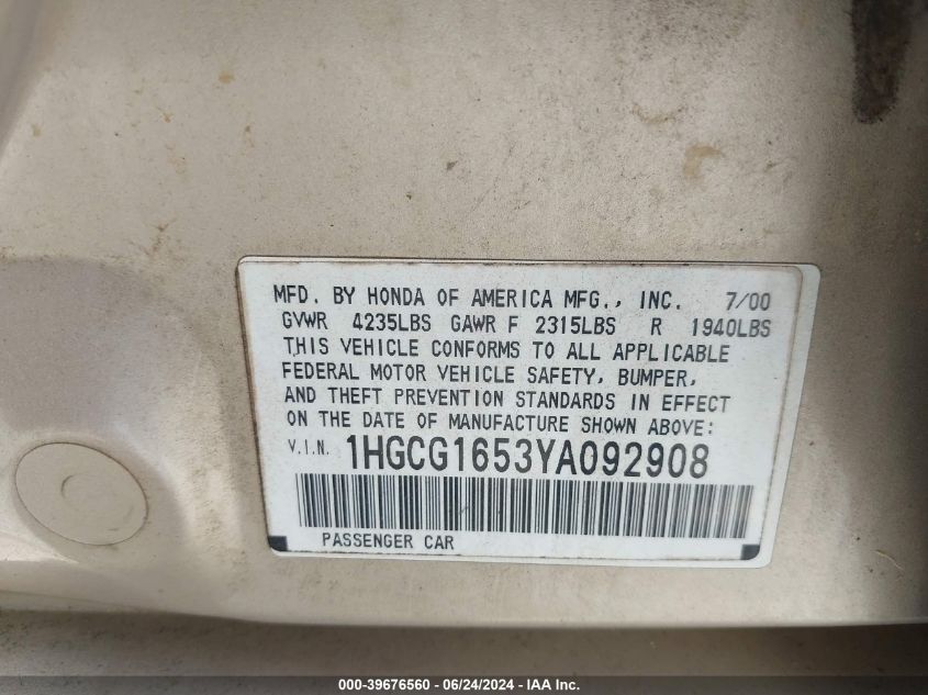 2000 Honda Accord 3.0 Ex VIN: 1HGCG1653YA092908 Lot: 39676560