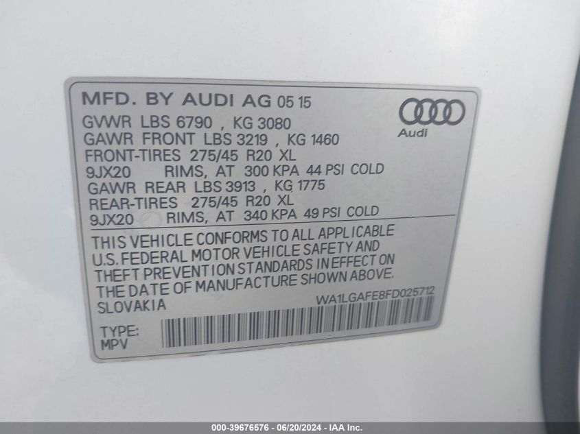 2015 Audi Q7 Premium Plus VIN: WA1LGAFE8FD025712 Lot: 39676576