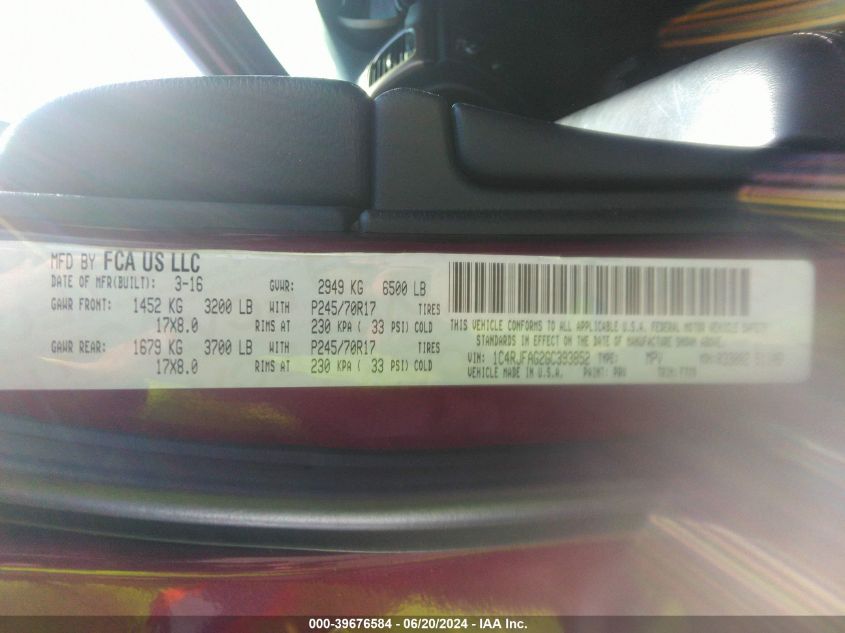 2016 Jeep Grand Cherokee Laredo VIN: 1C4RJFAG2GC393852 Lot: 39676584