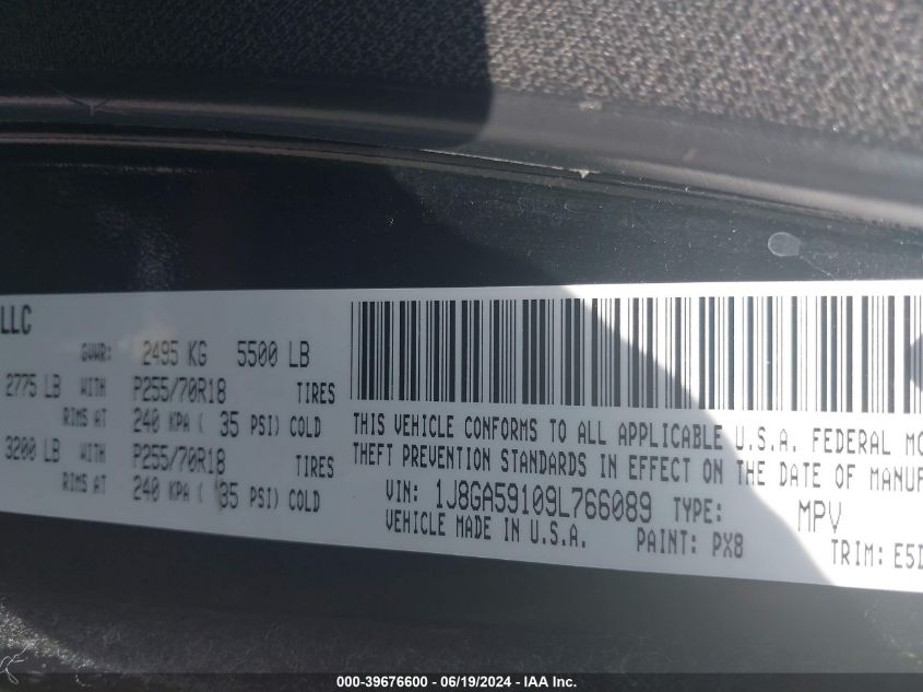 2009 Jeep Wrangler Unlimited Sahara VIN: 1J8GA59109L766089 Lot: 39676600
