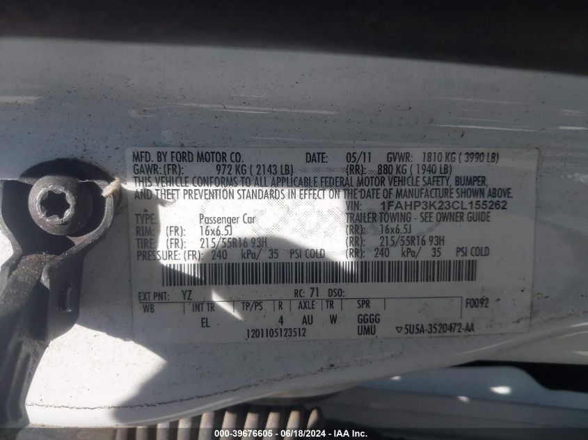 2012 Ford Focus Se VIN: 1FAHP3K23CL155262 Lot: 39676605