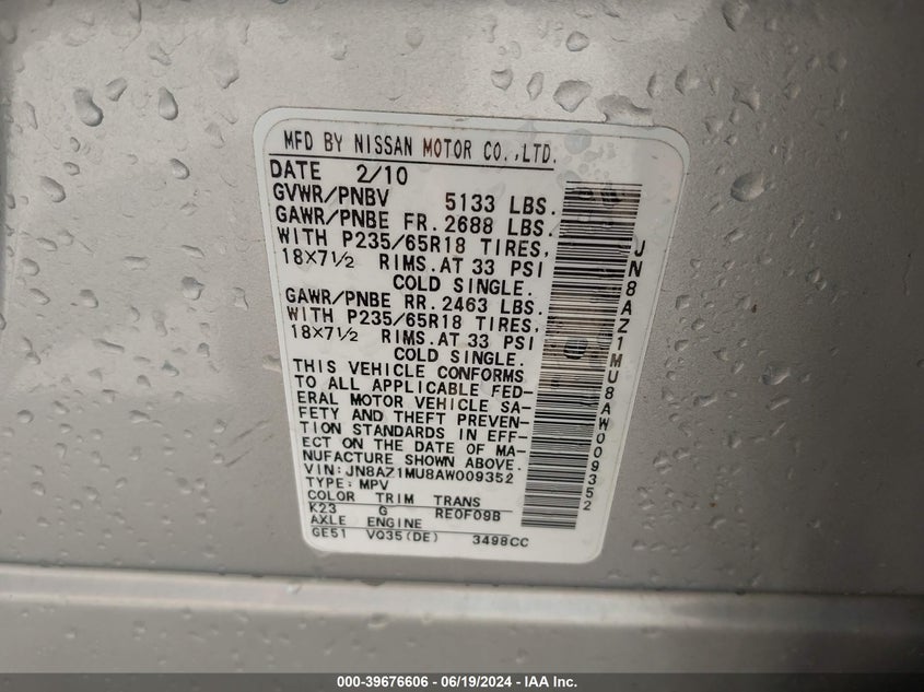 2010 Nissan Murano S VIN: JN8AZ1MU8AW009352 Lot: 39676606