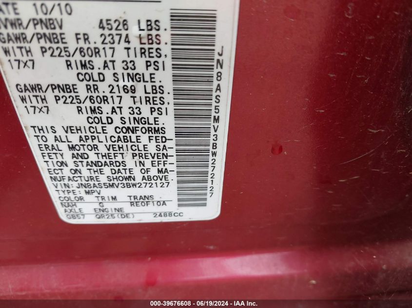 2011 Nissan Rogue Sv VIN: JN8AS5MV3BW272127 Lot: 39676608