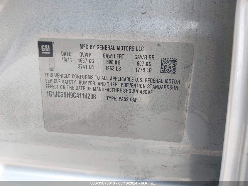 2012 Chevrolet Sonic 2Lt VIN: 1G1JC5SH9C4114208 Lot: 39676619