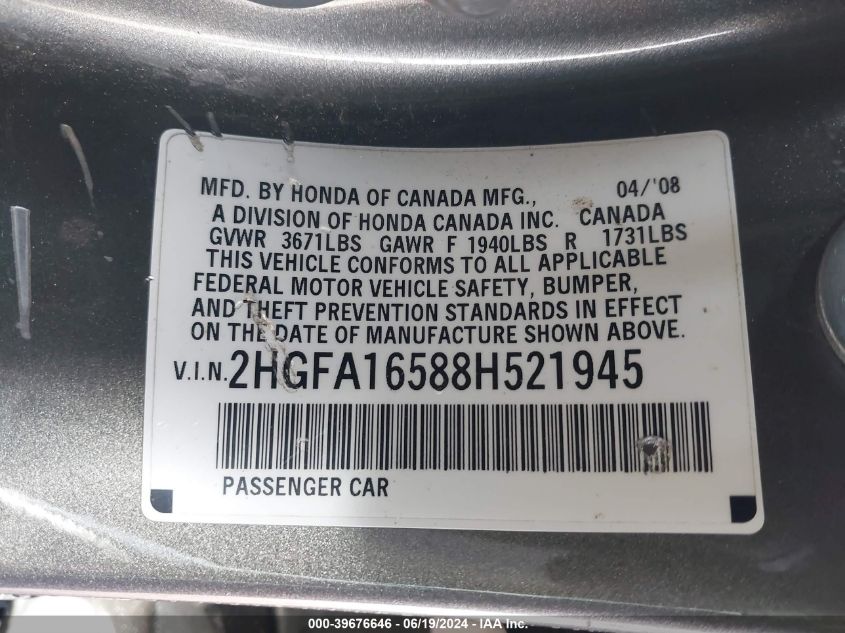 2008 Honda Civic Sdn Lx VIN: 2HGFA16588H521945 Lot: 39676646