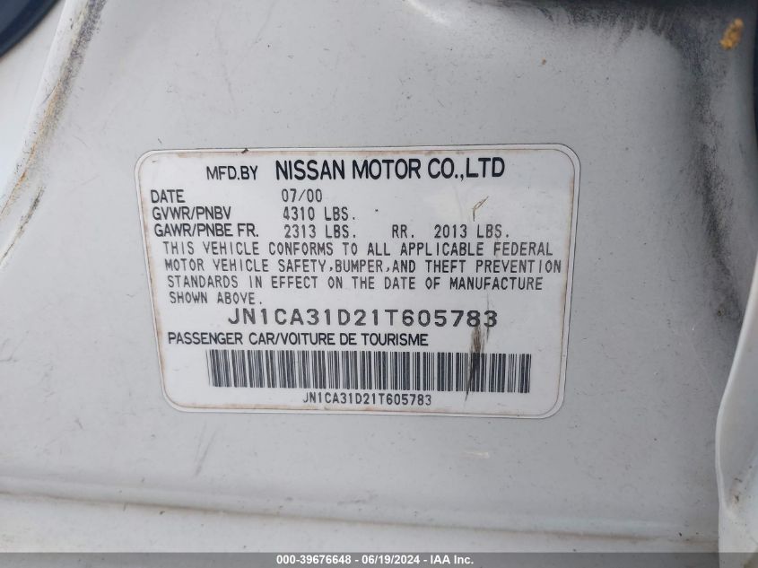 2001 Nissan Maxima Gxe/Se/Gle/20Th Anniv VIN: JN1CA31D21T605783 Lot: 39676648