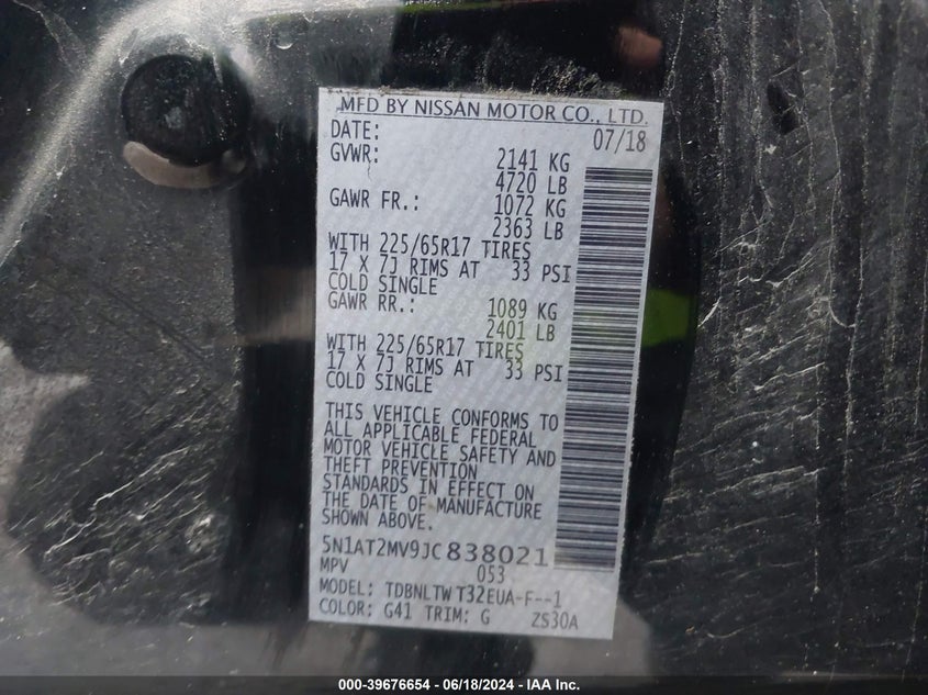 2018 Nissan Rogue Sv VIN: 5N1AT2MV9JC838021 Lot: 39676654