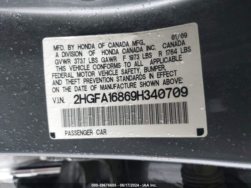 2009 Honda Civic Ex VIN: 2HGFA16869H340709 Lot: 39676685