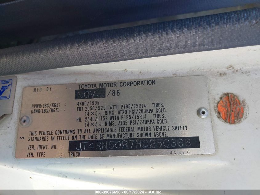 1987 Toyota Pickup 1/2 Ton Rn50 VIN: JT4RN50R7H0250366 Lot: 39676698
