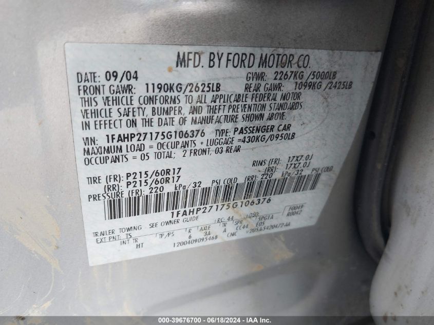 2005 Ford Five Hundred Sel VIN: 1FAHP27175G106376 Lot: 39676700