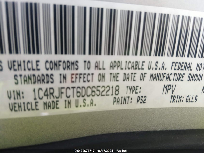 2013 Jeep Grand Cherokee Overland VIN: 1C4RJFCT6DC652218 Lot: 39676717